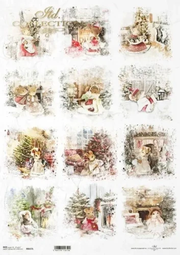 Papier ryżowy do decoupage Itd Collection A3 (R0657L) Świąteczne myszki, myszka, myszka przy choince, myszka przy kominku, para myszek.webp