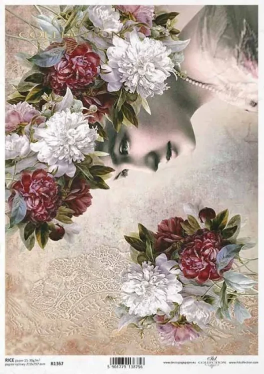 Papier ryżowy do decoupage Itd Collection A4 - Kobieta w kwiatowej fryzurze R1367.webp